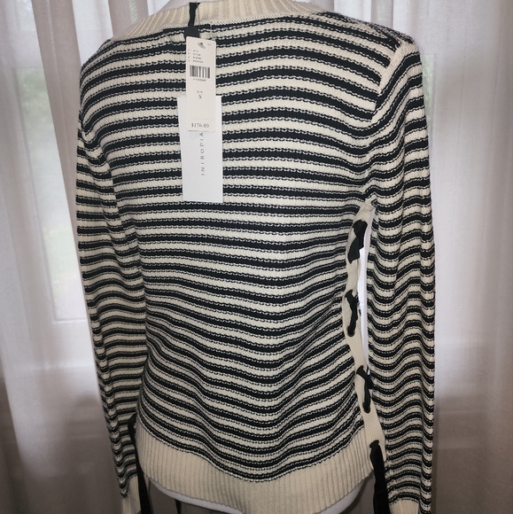 B&W stripe crewneck sweater w/ side lace up details, Anthropologie, size S - Picture 3 of 4